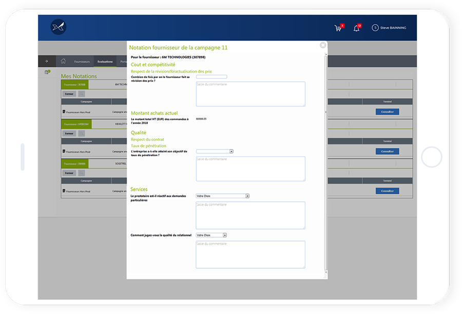 Les fonctionnalités d’évaluation des fournisseurs Oxalys permettent de donner la parole à tous les collaborateurs en contact avec vos fournisseurs (acheteurs, opérationnels, magasiniers, ...)