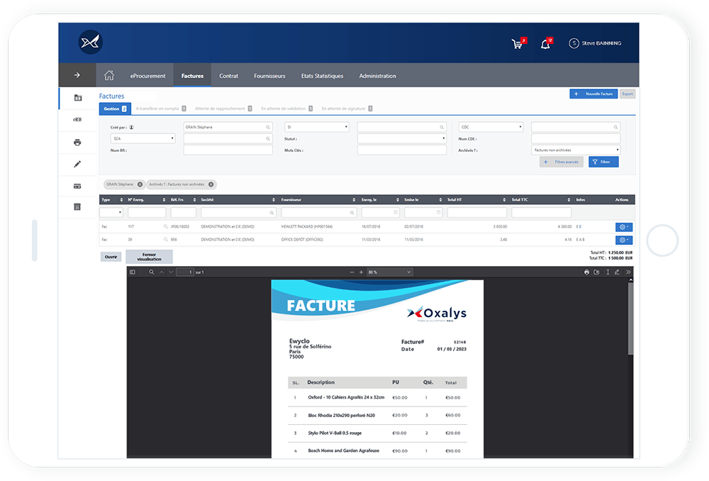 Illustration de la gestion des factures électroniques dans le logiciel Achats Oxalys